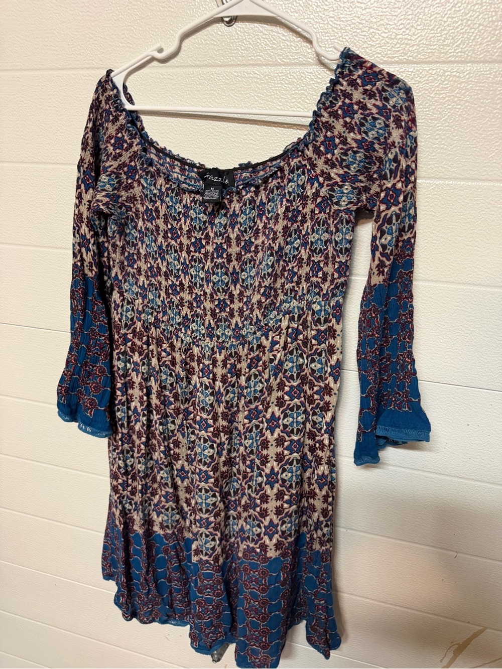 Boho Smocked Long-Sleeve Midi Dress in Blue Floral